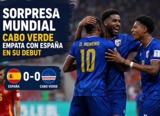 Cabo Verde sorprende al mundo: España tropieza en su debut mundialista Jugadores de Cabo Verde celebran con entusiasmo sobre el terreno de juego tras empatar 0-0 ante España en la Copa Mundial de 2026. Al fondo aparece un futbolista español con gesto de frustración. La composición destaca el marcador sin goles y resalta el resultado como una de las primeras grandes sorpresas del torneo.