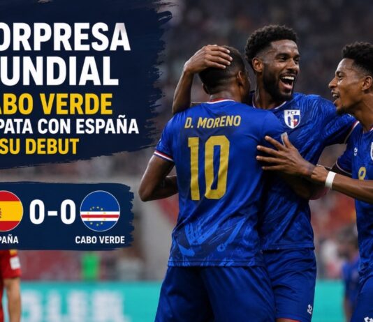 Cabo Verde sorprende al mundo: España tropieza en su debut mundialista Jugadores de Cabo Verde celebran con entusiasmo sobre el terreno de juego tras empatar 0-0 ante España en la Copa Mundial de 2026. Al fondo aparece un futbolista español con gesto de frustración. La composición destaca el marcador sin goles y resalta el resultado como una de las primeras grandes sorpresas del torneo.
