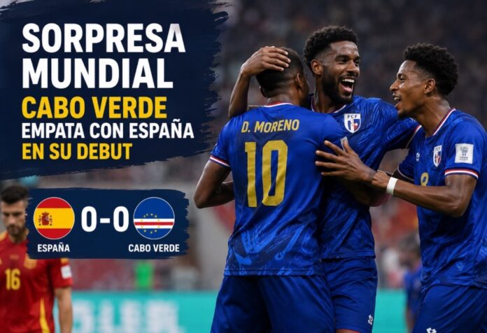 España vs Cabo Verde Jugadores de Cabo Verde celebran con entusiasmo sobre el terreno de juego tras empatar 0-0 ante España en la Copa Mundial de 2026. Al fondo aparece un futbolista español con gesto de frustración. La composición destaca el marcador sin goles y resalta el resultado como una de las primeras grandes sorpresas del torneo.