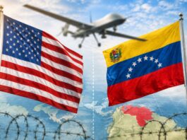Trump anuncia operativo letal en Venezuela y reabre debate sobre soberanía y justicia Ilustración editorial con las banderas de Estados Unidos y Venezuela frente a frente, mientras un dron sobrevuela la escena sobre un mapa de América. La imagen simboliza el debate sobre soberanía, seguridad y operaciones militares extraterritoriales.