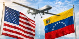 Trump anuncia operativo letal en Venezuela y reabre debate sobre soberanía y justicia Ilustración editorial con las banderas de Estados Unidos y Venezuela frente a frente, mientras un dron sobrevuela la escena sobre un mapa de América. La imagen simboliza el debate sobre soberanía, seguridad y operaciones militares extraterritoriales.