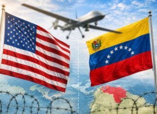 Trump anuncia operativo letal en Venezuela y reabre debate sobre soberanía y justicia Ilustración editorial con las banderas de Estados Unidos y Venezuela frente a frente, mientras un dron sobrevuela la escena sobre un mapa de América. La imagen simboliza el debate sobre soberanía, seguridad y operaciones militares extraterritoriales.