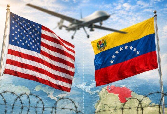 Estados Unidos ataca a Tren de Aragua Ilustración editorial con las banderas de Estados Unidos y Venezuela frente a frente, mientras un dron sobrevuela la escena sobre un mapa de América. La imagen simboliza el debate sobre soberanía, seguridad y operaciones militares extraterritoriales.
