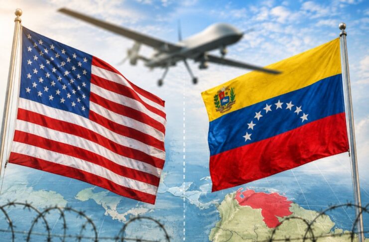 Trump anuncia operativo letal en Venezuela y reabre debate sobre soberanía y justicia Ilustración editorial con las banderas de Estados Unidos y Venezuela frente a frente, mientras un dron sobrevuela la escena sobre un mapa de América. La imagen simboliza el debate sobre soberanía, seguridad y operaciones militares extraterritoriales.