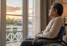 Morir con dignidad: el debate sobre la muerte asistida llega a la Ciudad de México Hombre adulto mayor de apariencia latina sentado en una silla de ruedas mientras observa la luz del atardecer a través de una ventana, en una escena que invita a reflexionar sobre el final de la vida y la dignidad humana.