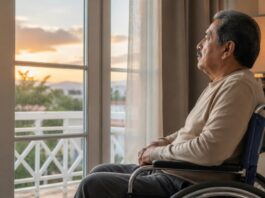 Morir con dignidad: el debate sobre la muerte asistida llega a la Ciudad de México Hombre adulto mayor de apariencia latina sentado en una silla de ruedas mientras observa la luz del atardecer a través de una ventana, en una escena que invita a reflexionar sobre el final de la vida y la dignidad humana.