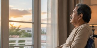 Morir con dignidad: el debate sobre la muerte asistida llega a la Ciudad de México Hombre adulto mayor de apariencia latina sentado en una silla de ruedas mientras observa la luz del atardecer a través de una ventana, en una escena que invita a reflexionar sobre el final de la vida y la dignidad humana.