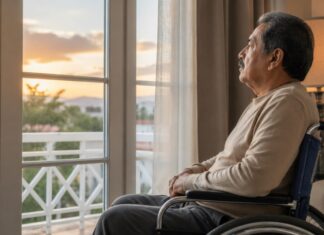 Morir con dignidad: el debate sobre la muerte asistida llega a la Ciudad de México Hombre adulto mayor de apariencia latina sentado en una silla de ruedas mientras observa la luz del atardecer a través de una ventana, en una escena que invita a reflexionar sobre el final de la vida y la dignidad humana.