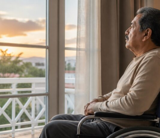 Morir con dignidad: el debate sobre la muerte asistida llega a la Ciudad de México Hombre adulto mayor de apariencia latina sentado en una silla de ruedas mientras observa la luz del atardecer a través de una ventana, en una escena que invita a reflexionar sobre el final de la vida y la dignidad humana.