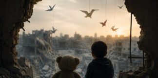 ONU denuncia que una generación de niños palestinos ha sido devastada por Israel en Gaza Ilustración artística de un niño sentado junto a un oso de peluche frente a una ciudad destruida por la guerra, como símbolo del sufrimiento de la infancia en los conflictos armados.