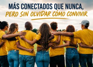 Cinco hábitos que los jóvenes no deberían perder en la era digital Grupo diverso de jóvenes abrazados durante una actividad al aire libre, símbolo de integración social, amistad y trabajo comunitario.