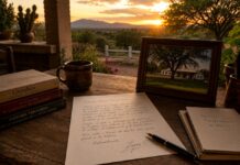 La carta de López Obrador a Trump: más que una respuesta política, una reflexión sobre el poder y la historia Escritorio rústico en un rancho mexicano al atardecer, con una carta manuscrita, libros, una taza de café y un paisaje campestre de fondo, evocando una reflexión política e histórica.