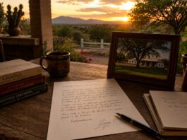 La carta de López Obrador a Trump: más que una respuesta política, una reflexión sobre el poder y la historia Escritorio rústico en un rancho mexicano al atardecer, con una carta manuscrita, libros, una taza de café y un paisaje campestre de fondo, evocando una reflexión política e histórica.
