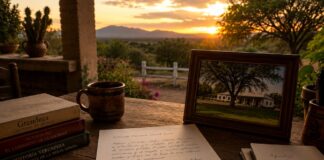 La carta de López Obrador a Trump: más que una respuesta política, una reflexión sobre el poder y la historia Escritorio rústico en un rancho mexicano al atardecer, con una carta manuscrita, libros, una taza de café y un paisaje campestre de fondo, evocando una reflexión política e histórica.
