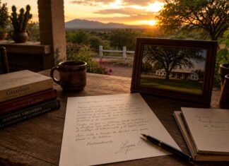La carta de López Obrador a Trump: más que una respuesta política, una reflexión sobre el poder y la historia Escritorio rústico en un rancho mexicano al atardecer, con una carta manuscrita, libros, una taza de café y un paisaje campestre de fondo, evocando una reflexión política e histórica.
