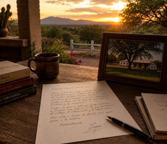 La carta de López Obrador a Trump: más que una respuesta política, una reflexión sobre el poder y la historia Escritorio rústico en un rancho mexicano al atardecer, con una carta manuscrita, libros, una taza de café y un paisaje campestre de fondo, evocando una reflexión política e histórica.
