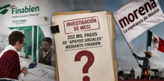 MCCI acusa a Morena de dispersar miles de pagos mediante Finabien; hasta ahora no hay denuncia formal ni respuesta oficial Montaje informativo que muestra una sucursal de Finabien, una bandera de Morena y un expediente de investigación sobre presuntos pagos de apoyos sociales, acompañado del mensaje de que no existe denuncia formal conocida.