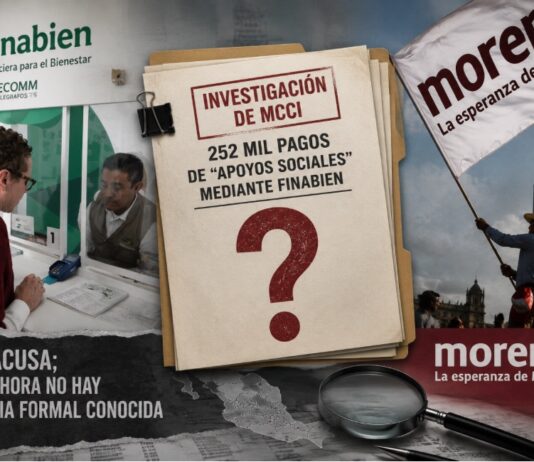 MCCI acusa a Morena de dispersar miles de pagos mediante Finabien; hasta ahora no hay denuncia formal ni respuesta oficial Montaje informativo que muestra una sucursal de Finabien, una bandera de Morena y un expediente de investigación sobre presuntos pagos de apoyos sociales, acompañado del mensaje de que no existe denuncia formal conocida.