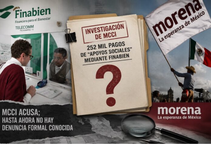 Montaje informativo que muestra una sucursal de Finabien, una bandera de Morena y un expediente de investigación sobre presuntos pagos de apoyos sociales, acompañado del mensaje de que no existe denuncia formal conocida.