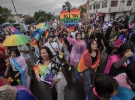 Marcha del Orgullo LGBT+ en Querétaro reúne a miles de personas y cumple una década de visibilidad Multitud de participantes en una marcha del orgullo LGBT+ avanzando por una avenida urbana entre banderas multicolores, pancartas y vehículos alegóricos durante una jornada de visibilidad y reivindicación social.