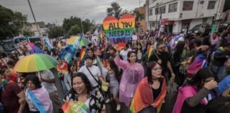 Marcha del Orgullo LGBT+ en Querétaro reúne a miles de personas y cumple una década de visibilidad Multitud de participantes en una marcha del orgullo LGBT+ avanzando por una avenida urbana entre banderas multicolores, pancartas y vehículos alegóricos durante una jornada de visibilidad y reivindicación social.