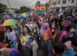 Marcha del Orgullo LGBT+ en Querétaro reúne a miles de personas y cumple una década de visibilidad Multitud de participantes en una marcha del orgullo LGBT+ avanzando por una avenida urbana entre banderas multicolores, pancartas y vehículos alegóricos durante una jornada de visibilidad y reivindicación social.