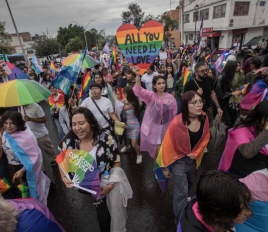 Marcha del Orgullo LGBT+ en Querétaro reúne a miles de personas y cumple una década de visibilidad Multitud de participantes en una marcha del orgullo LGBT+ avanzando por una avenida urbana entre banderas multicolores, pancartas y vehículos alegóricos durante una jornada de visibilidad y reivindicación social.