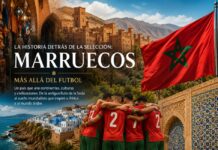 La historia detrás de la selección: Marruecos Collage ilustrativo de Marruecos con arquitectura tradicional, mercados, costa atlántica, mosaicos, la bandera nacional y jugadores de la selección marroquí.