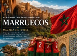La historia detrás de la selección: Marruecos Collage ilustrativo de Marruecos con arquitectura tradicional, mercados, costa atlántica, mosaicos, la bandera nacional y jugadores de la selección marroquí.