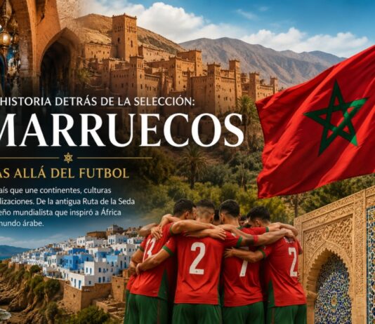 La historia detrás de la selección: Marruecos Collage ilustrativo de Marruecos con arquitectura tradicional, mercados, costa atlántica, mosaicos, la bandera nacional y jugadores de la selección marroquí.
