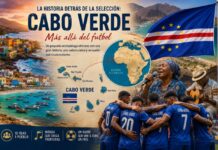 La historia detrás de la selección: Cabo Verde Ilustración de Cabo Verde con mapa de ubicación en el Atlántico frente a África occidental, paisajes costeros, bandera nacional, músicos tradicionales y jugadores de la selección nacional reunidos antes de un partido.
