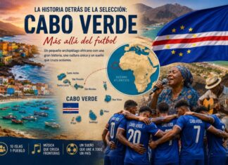 La historia detrás de la selección: Cabo Verde Ilustración de Cabo Verde con mapa de ubicación en el Atlántico frente a África occidental, paisajes costeros, bandera nacional, músicos tradicionales y jugadores de la selección nacional reunidos antes de un partido.