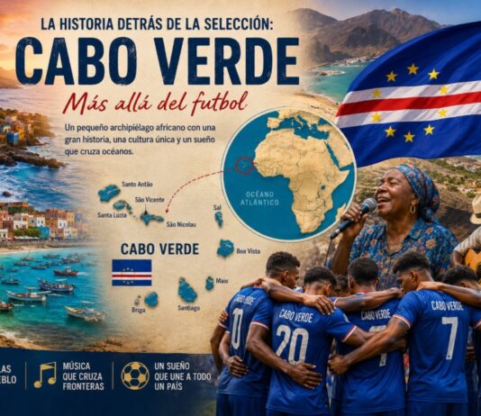 La historia detrás de la selección: Cabo Verde Ilustración de Cabo Verde con mapa de ubicación en el Atlántico frente a África occidental, paisajes costeros, bandera nacional, músicos tradicionales y jugadores de la selección nacional reunidos antes de un partido.
