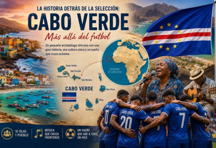 Más allá del Futbol Cabo Verde Ilustración de Cabo Verde con mapa de ubicación en el Atlántico frente a África occidental, paisajes costeros, bandera nacional, músicos tradicionales y jugadores de la selección nacional reunidos antes de un partido.