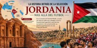 La historia detrás de la selección: Jordania Composición visual de Jordania con la ciudad de Petra, el Mar Muerto, ruinas antiguas, la bandera jordana, un mapa de ubicación en Oriente Medio y jugadores de la selección nacional celebrando.