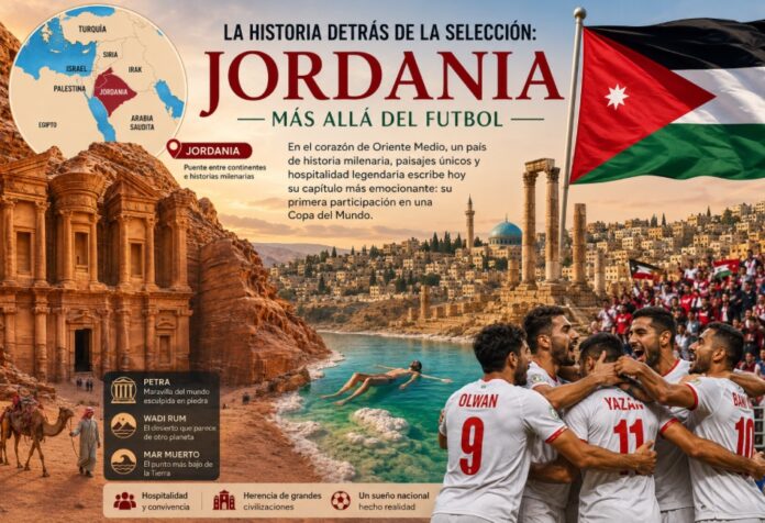 Más allá del Futbol Jordania Composición visual de Jordania con la ciudad de Petra, el Mar Muerto, ruinas antiguas, la bandera jordana, un mapa de ubicación en Oriente Medio y jugadores de la selección nacional celebrando.