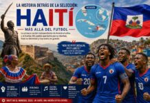 La historia detrás de la selección: Haití, la nación que conquistó su libertad Composición ilustrativa sobre Haití con la bandera nacional, un mapa del Caribe que muestra su ubicación geográfica, referencias a la independencia haitiana, expresiones culturales tradicionales y la selección nacional de futbol.