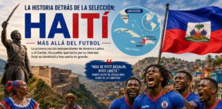 La historia detrás de la selección: Haití, la nación que conquistó su libertad Composición ilustrativa sobre Haití con la bandera nacional, un mapa del Caribe que muestra su ubicación geográfica, referencias a la independencia haitiana, expresiones culturales tradicionales y la selección nacional de futbol.