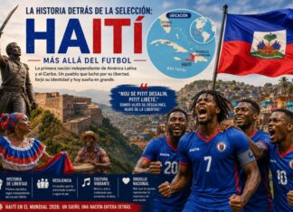 La historia detrás de la selección: Haití, la nación que conquistó su libertad Composición ilustrativa sobre Haití con la bandera nacional, un mapa del Caribe que muestra su ubicación geográfica, referencias a la independencia haitiana, expresiones culturales tradicionales y la selección nacional de futbol.