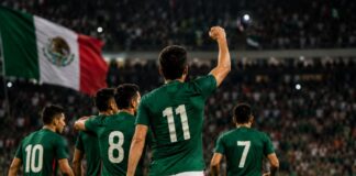 México ganó, pero la pregunta sigue siendo si convenció Futbolistas con camiseta verde y short blanco celebran en un estadio lleno mientras una bandera mexicana ondea al fondo.