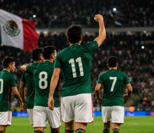 México ganó, pero la pregunta sigue siendo si convenció Futbolistas con camiseta verde y short blanco celebran en un estadio lleno mientras una bandera mexicana ondea al fondo.