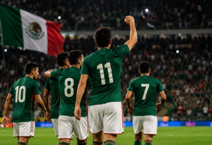 Futbolistas con camiseta verde y short blanco celebran en un estadio lleno mientras una bandera mexicana ondea al fondo.