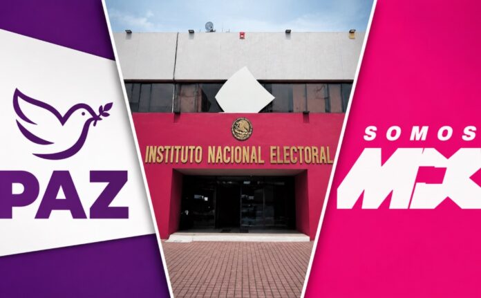 Composición con el edificio del Instituto Nacional Electoral al centro y los logotipos de Partido Paz y Somos México a los costados.