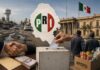 Coahuila y el enigma político del PRI: ¿por qué sigue siendo su principal bastión? Imagen conceptual sobre el dominio electoral del PRI en Coahuila. Aparecen una urna electoral, infraestructura urbana deteriorada, símbolos de asistencia social y el mapa del estado, representando el debate sobre las causas de la persistencia priista en la entidad.