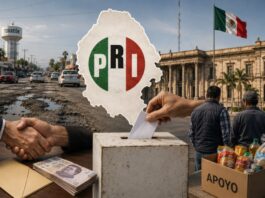 Coahuila y el enigma político del PRI: ¿por qué sigue siendo su principal bastión? Imagen conceptual sobre el dominio electoral del PRI en Coahuila. Aparecen una urna electoral, infraestructura urbana deteriorada, símbolos de asistencia social y el mapa del estado, representando el debate sobre las causas de la persistencia priista en la entidad.