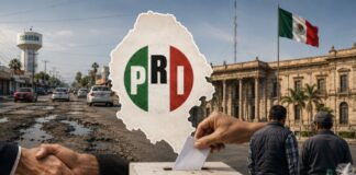 Coahuila y el enigma político del PRI: ¿por qué sigue siendo su principal bastión? Imagen conceptual sobre el dominio electoral del PRI en Coahuila. Aparecen una urna electoral, infraestructura urbana deteriorada, símbolos de asistencia social y el mapa del estado, representando el debate sobre las causas de la persistencia priista en la entidad.