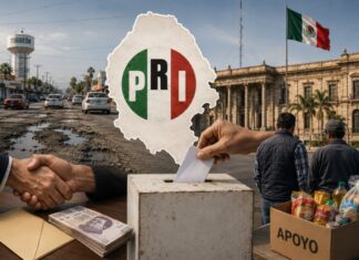 Coahuila y el enigma político del PRI: ¿por qué sigue siendo su principal bastión? Imagen conceptual sobre el dominio electoral del PRI en Coahuila. Aparecen una urna electoral, infraestructura urbana deteriorada, símbolos de asistencia social y el mapa del estado, representando el debate sobre las causas de la persistencia priista en la entidad.