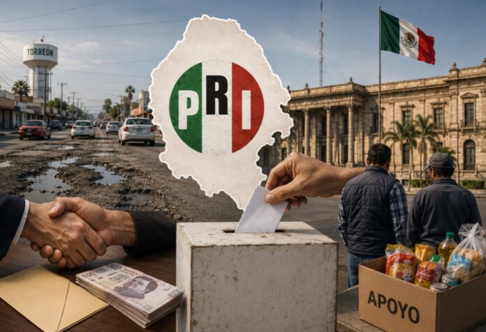 Imagen conceptual sobre el dominio electoral del PRI en Coahuila. Aparecen una urna electoral, infraestructura urbana deteriorada, símbolos de asistencia social y el mapa del estado, representando el debate sobre las causas de la persistencia priista en la entidad.