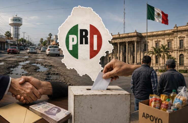 Coahuila y el enigma político del PRI: ¿por qué sigue siendo su principal bastión? Imagen conceptual sobre el dominio electoral del PRI en Coahuila. Aparecen una urna electoral, infraestructura urbana deteriorada, símbolos de asistencia social y el mapa del estado, representando el debate sobre las causas de la persistencia priista en la entidad.