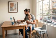 ¿Se puede ser un buen padre y un buen trabajador al mismo tiempo? Padre trabaja desde casa mientras sostiene a su hijo pequeño, ilustrando el desafío de equilibrar las responsabilidades laborales y la crianza.